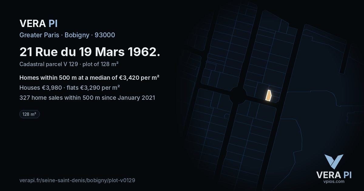 21 Rue du 19 Mars 1962, Bobigny at night – the plot lit, the parcels around coloured by the prices near them