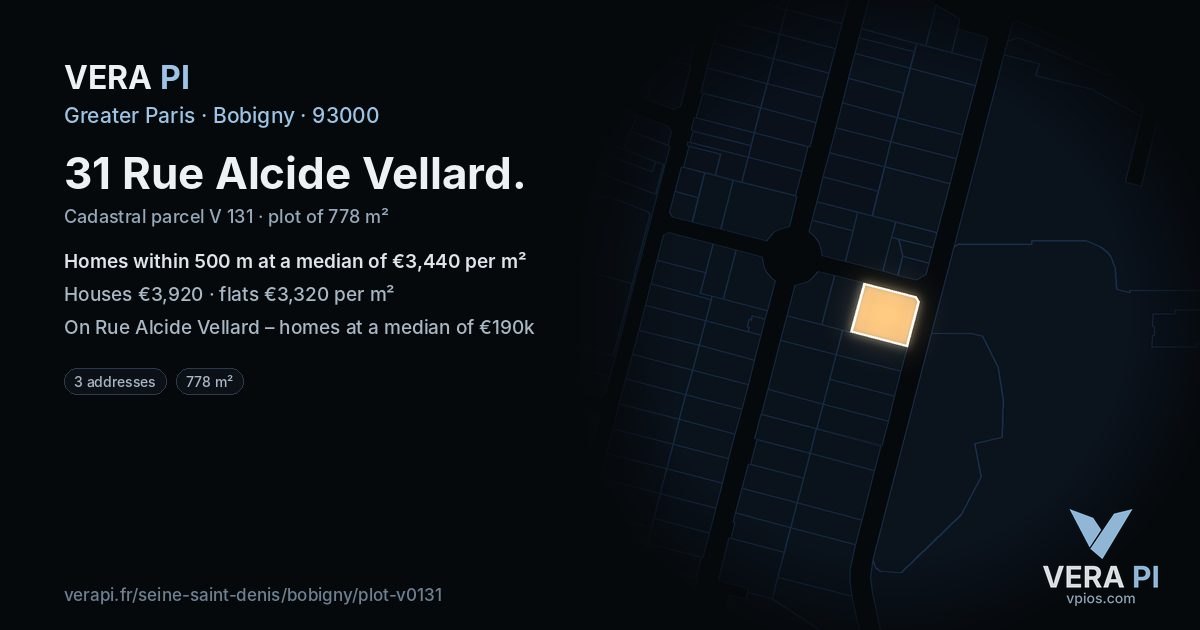 31 Rue Alcide Vellard, Bobigny at night – the plot lit, the parcels around coloured by the prices near them
