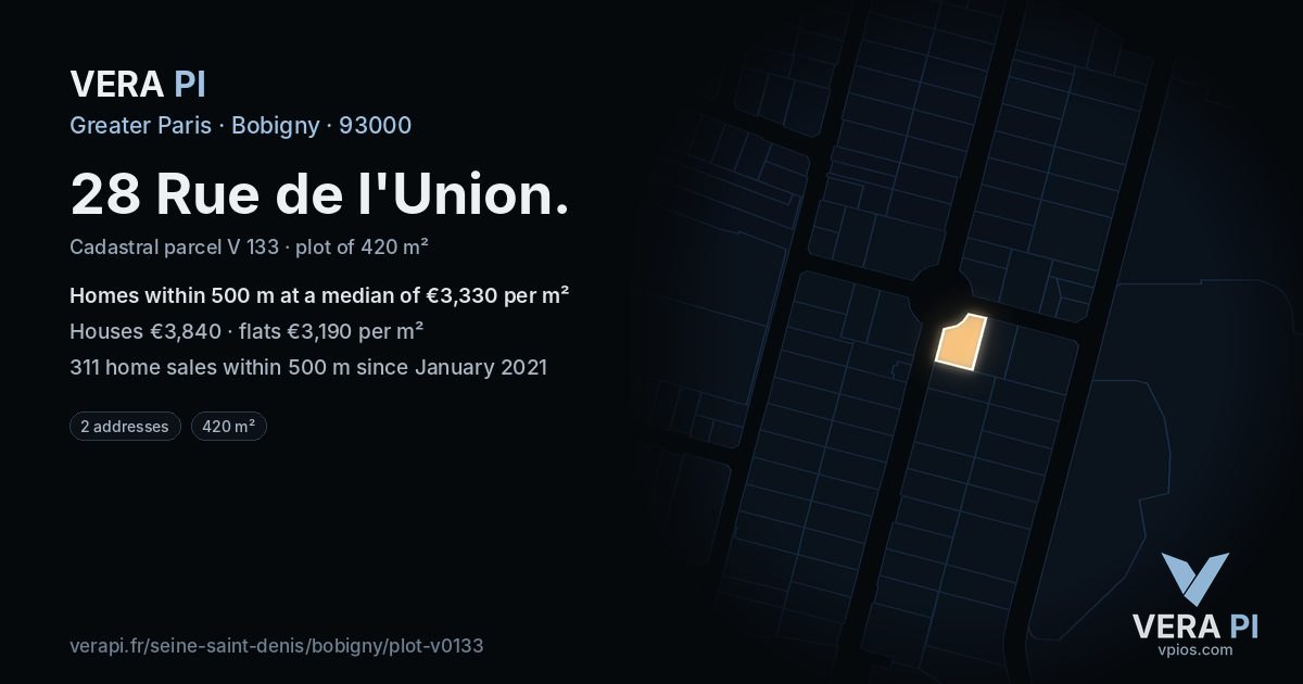 28 Rue de l'Union, Bobigny at night – the plot lit, the parcels around coloured by the prices near them