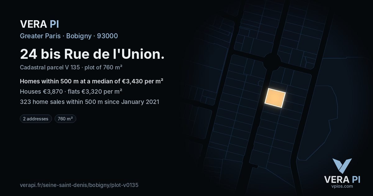 24 bis Rue de l'Union, Bobigny at night – the plot lit, the parcels around coloured by the prices near them