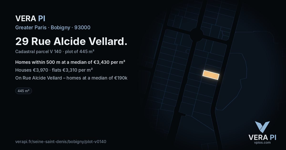29 Rue Alcide Vellard, Bobigny at night – the plot lit, the parcels around coloured by the prices near them
