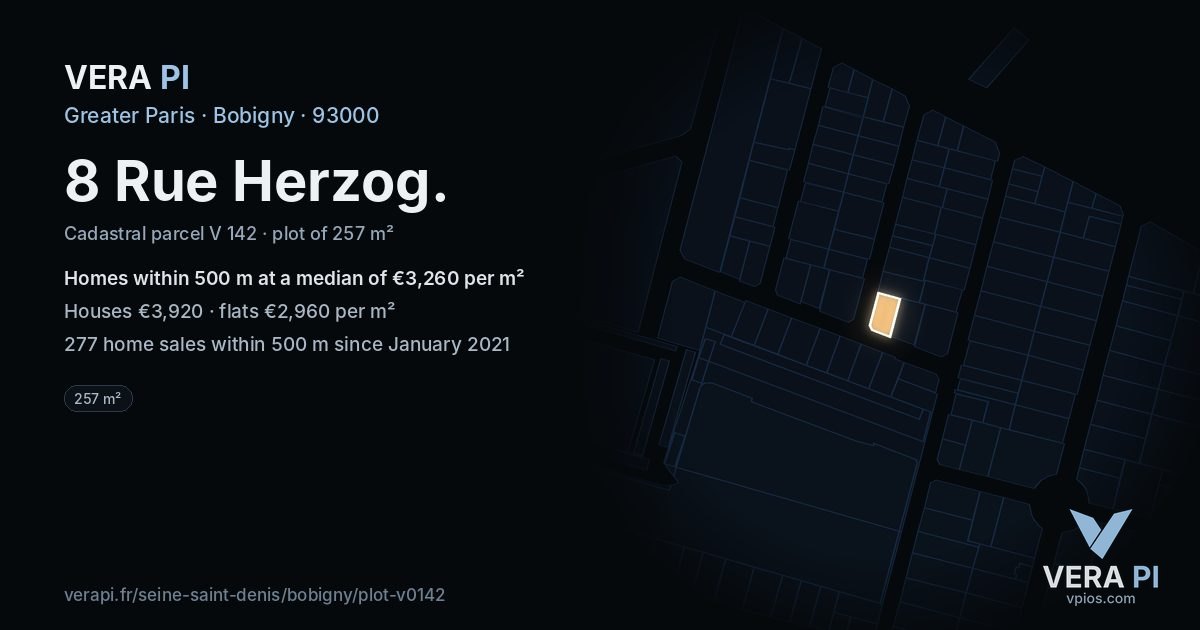 8 Rue Herzog, Bobigny at night – the plot lit, the parcels around coloured by the prices near them