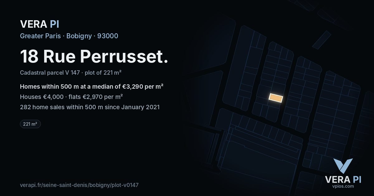18 Rue Perrusset, Bobigny at night – the plot lit, the parcels around coloured by the prices near them