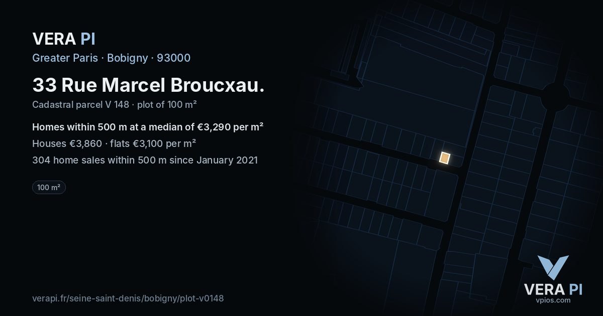 33 Rue Marcel Broucxau, Bobigny at night – the plot lit, the parcels around coloured by the prices near them