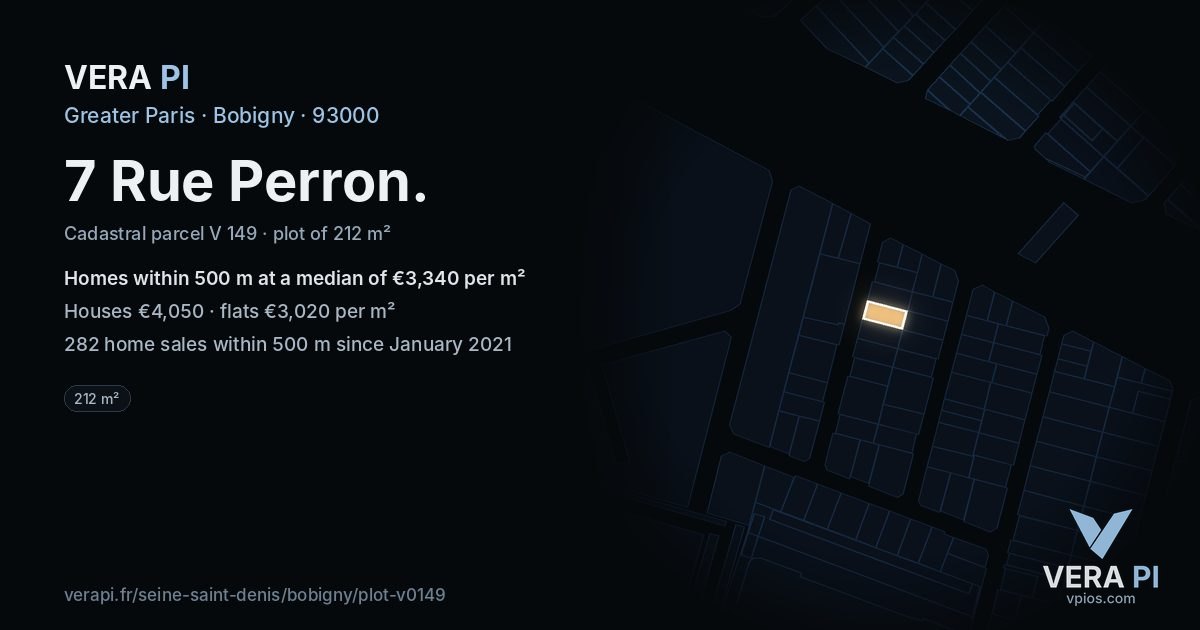 7 Rue Perron, Bobigny at night – the plot lit, the parcels around coloured by the prices near them