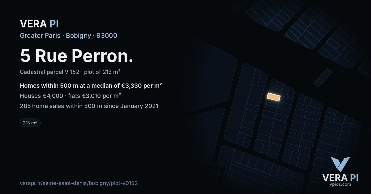 5 Rue Perron, Bobigny at night – the plot lit, the parcels around coloured by the prices near them