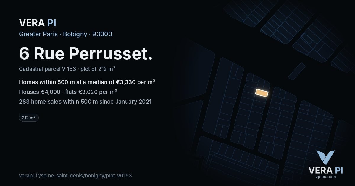 6 Rue Perrusset, Bobigny at night – the plot lit, the parcels around coloured by the prices near them
