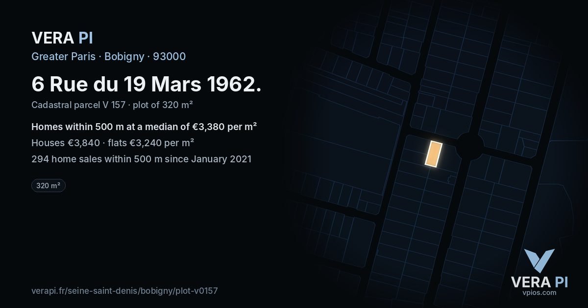 6 Rue du 19 Mars 1962, Bobigny at night – the plot lit, the parcels around coloured by the prices near them
