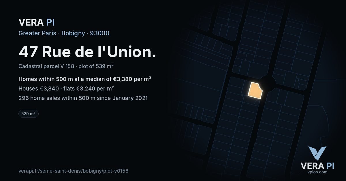 47 Rue de l'Union, Bobigny at night – the plot lit, the parcels around coloured by the prices near them