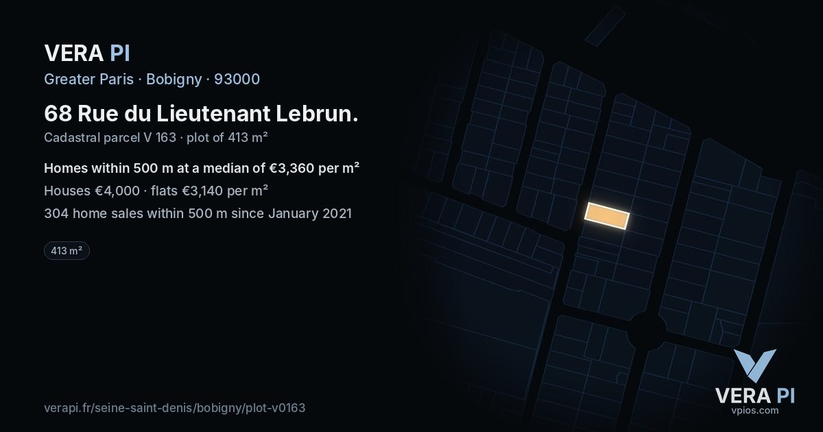68 Rue du Lieutenant Lebrun, Bobigny at night – the plot lit, the parcels around coloured by the prices near them
