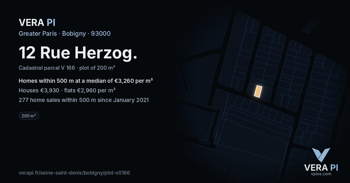 12 Rue Herzog, Bobigny at night – the plot lit, the parcels around coloured by the prices near them
