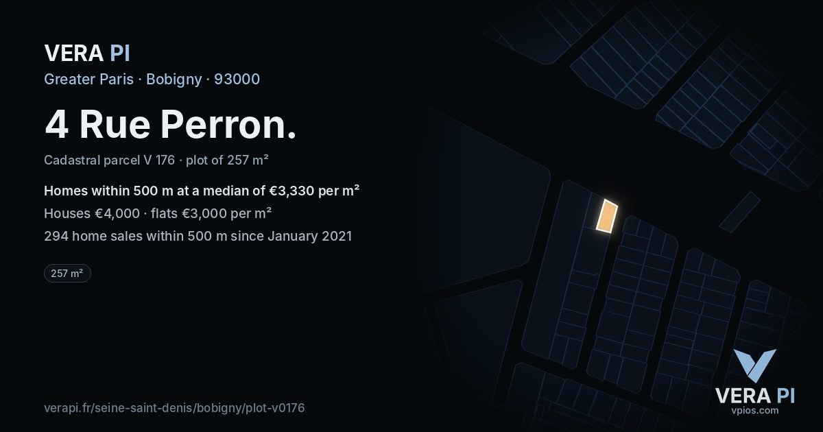 4 Rue Perron, Bobigny at night – the plot lit, the parcels around coloured by the prices near them