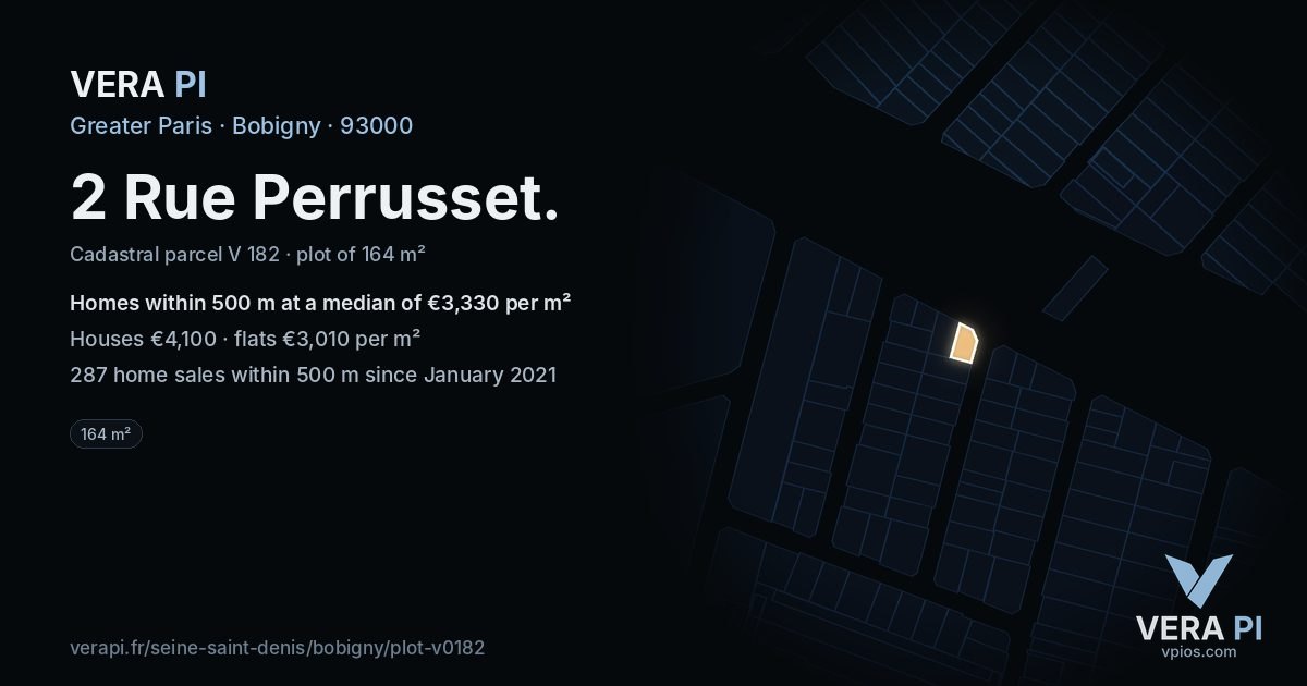 2 Rue Perrusset, Bobigny at night – the plot lit, the parcels around coloured by the prices near them
