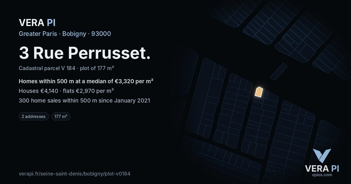 3 Rue Perrusset, Bobigny at night – the plot lit, the parcels around coloured by the prices near them