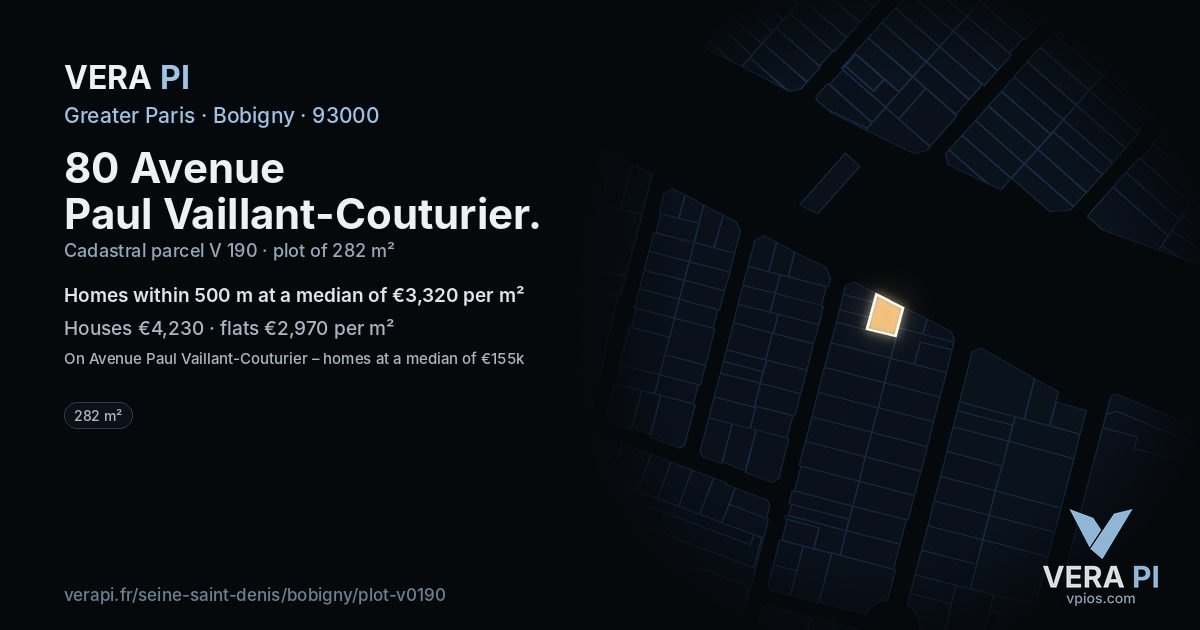 80 Avenue Paul Vaillant-Couturier, Bobigny at night – the plot lit, the parcels around coloured by the prices near them