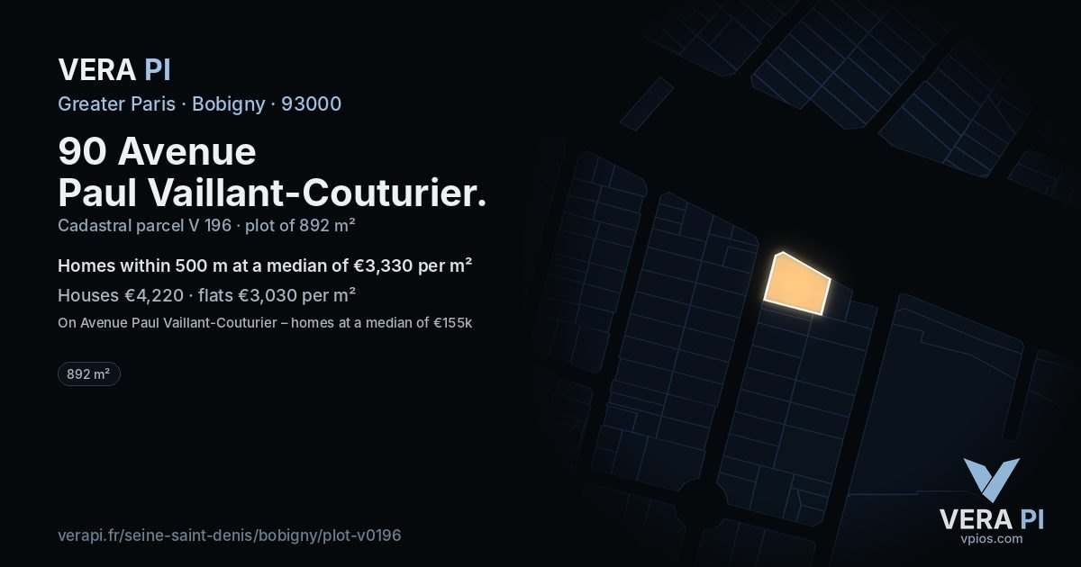 90 Avenue Paul Vaillant-Couturier, Bobigny at night – the plot lit, the parcels around coloured by the prices near them