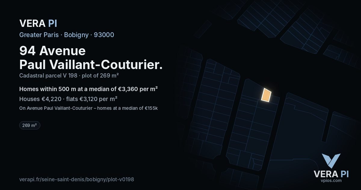94 Avenue Paul Vaillant-Couturier, Bobigny at night – the plot lit, the parcels around coloured by the prices near them