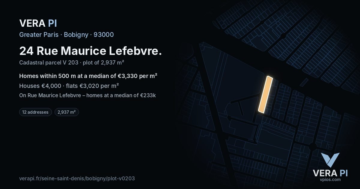 24 Rue Maurice Lefebvre, Bobigny at night – the plot lit, the parcels around coloured by the prices near them
