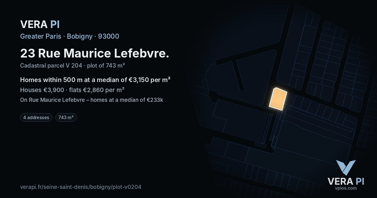 23 Rue Maurice Lefebvre, Bobigny at night – the plot lit, the parcels around coloured by the prices near them