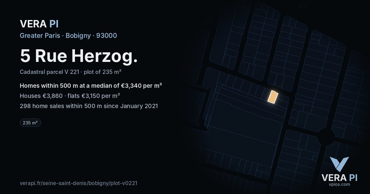 5 Rue Herzog, Bobigny at night – the plot lit, the parcels around coloured by the prices near them