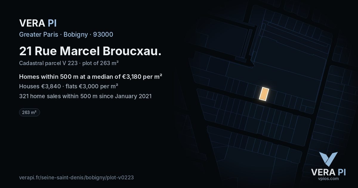 21 Rue Marcel Broucxau, Bobigny at night – the plot lit, the parcels around coloured by the prices near them