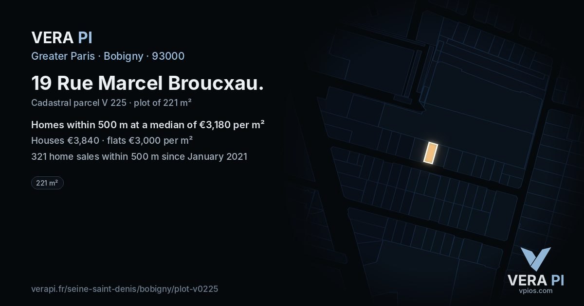 19 Rue Marcel Broucxau, Bobigny at night – the plot lit, the parcels around coloured by the prices near them