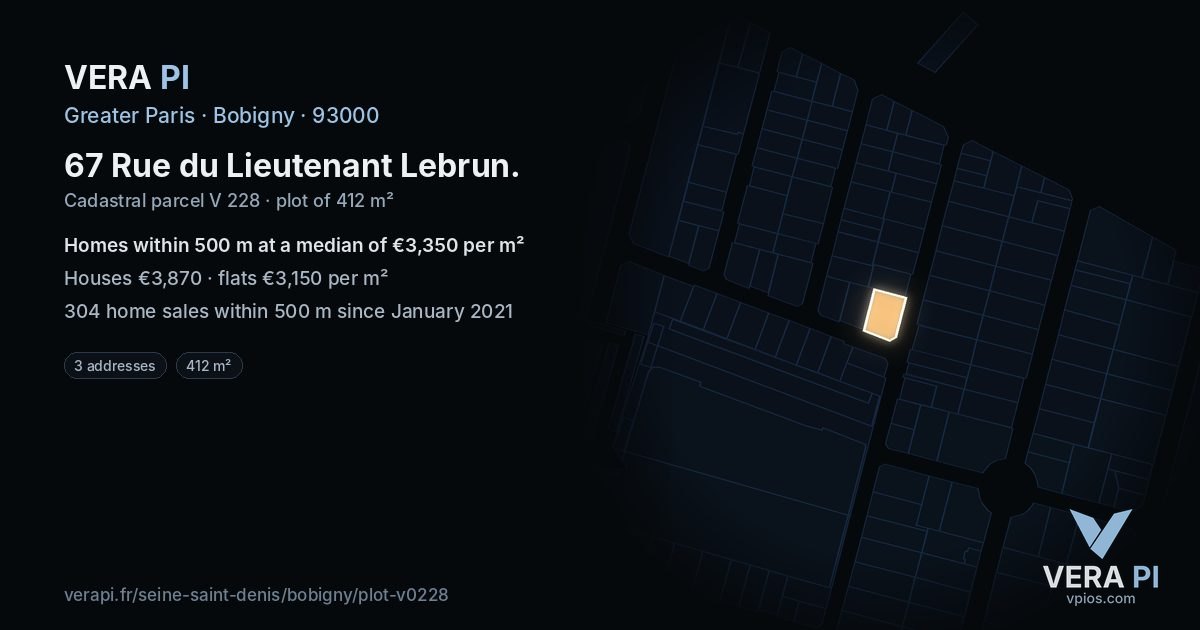 67 Rue du Lieutenant Lebrun, Bobigny at night – the plot lit, the parcels around coloured by the prices near them