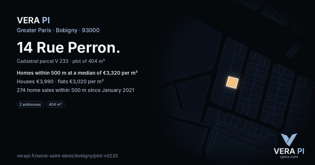 14 Rue Perron, Bobigny at night – the plot lit, the parcels around coloured by the prices near them