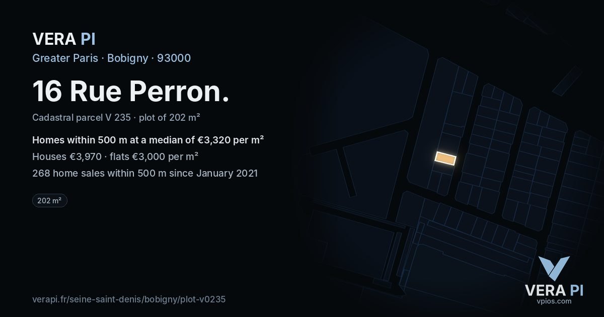 16 Rue Perron, Bobigny at night – the plot lit, the parcels around coloured by the prices near them