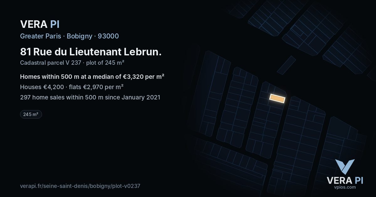 81 Rue du Lieutenant Lebrun, Bobigny at night – the plot lit, the parcels around coloured by the prices near them