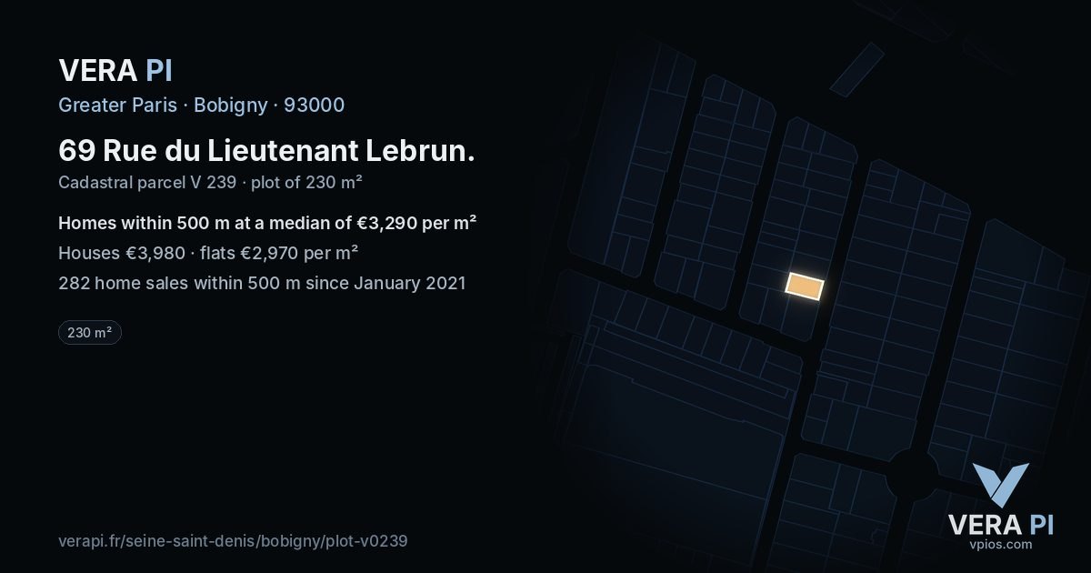 69 Rue du Lieutenant Lebrun, Bobigny at night – the plot lit, the parcels around coloured by the prices near them