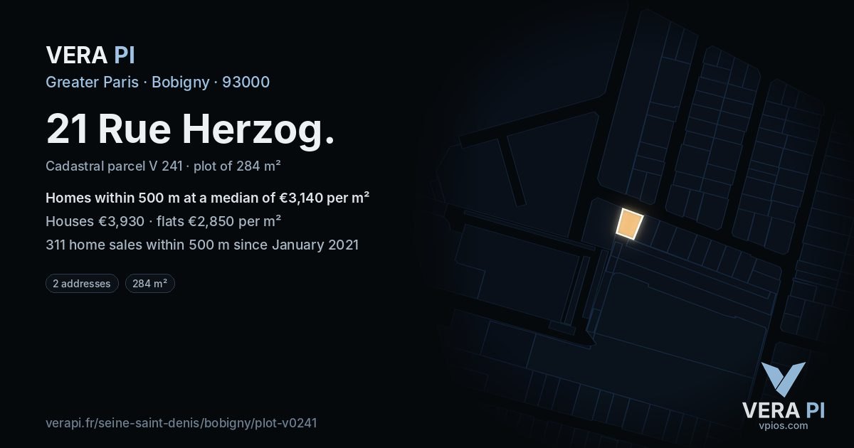 21 Rue Herzog, Bobigny at night – the plot lit, the parcels around coloured by the prices near them