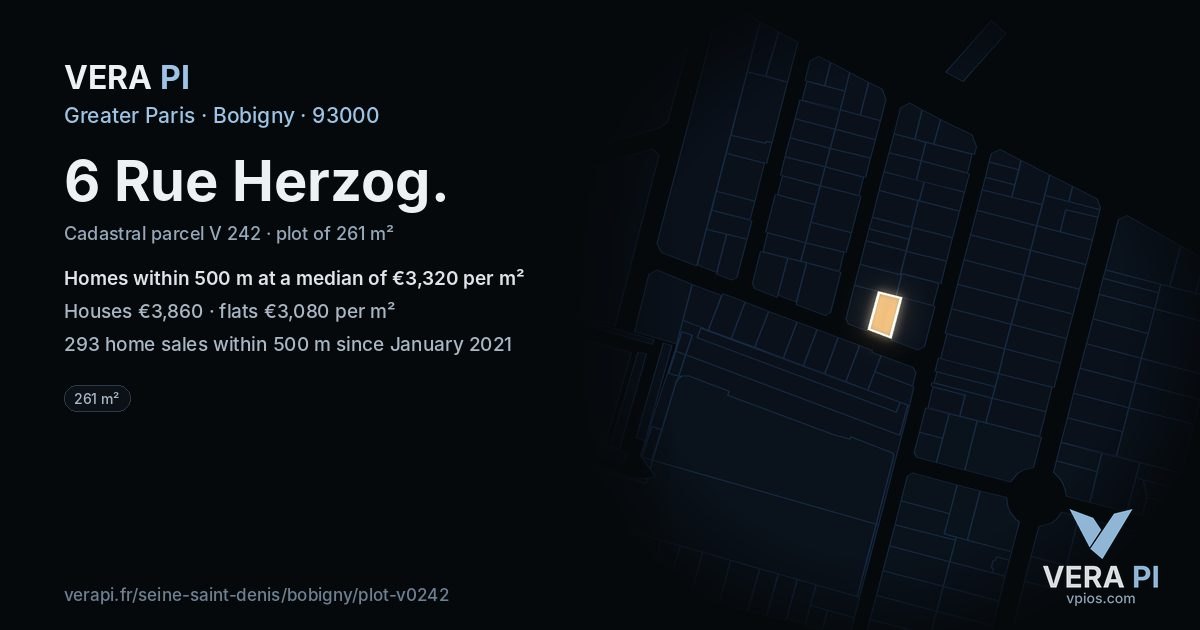 6 Rue Herzog, Bobigny at night – the plot lit, the parcels around coloured by the prices near them
