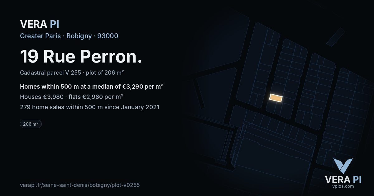 19 Rue Perron, Bobigny at night – the plot lit, the parcels around coloured by the prices near them