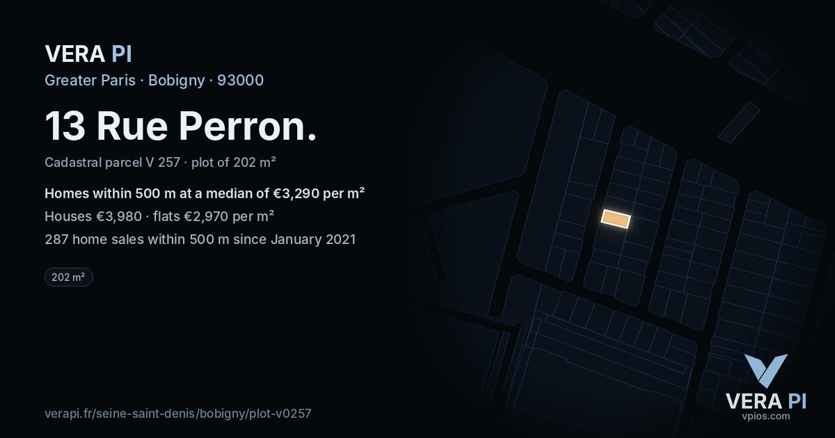 13 Rue Perron, Bobigny at night – the plot lit, the parcels around coloured by the prices near them