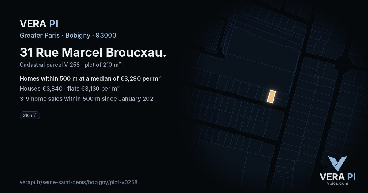 31 Rue Marcel Broucxau, Bobigny at night – the plot lit, the parcels around coloured by the prices near them