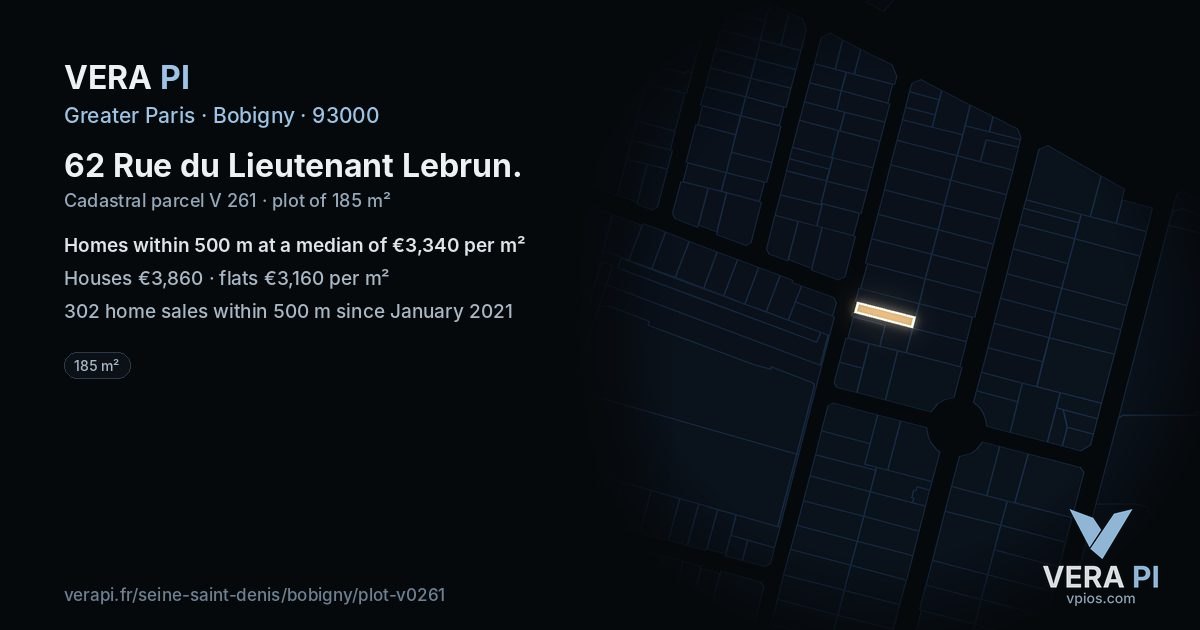 62 Rue du Lieutenant Lebrun, Bobigny at night – the plot lit, the parcels around coloured by the prices near them