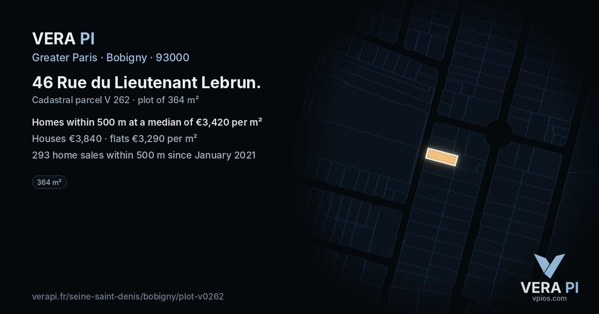 46 Rue du Lieutenant Lebrun, Bobigny at night – the plot lit, the parcels around coloured by the prices near them