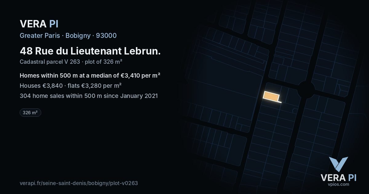 48 Rue du Lieutenant Lebrun, Bobigny at night – the plot lit, the parcels around coloured by the prices near them