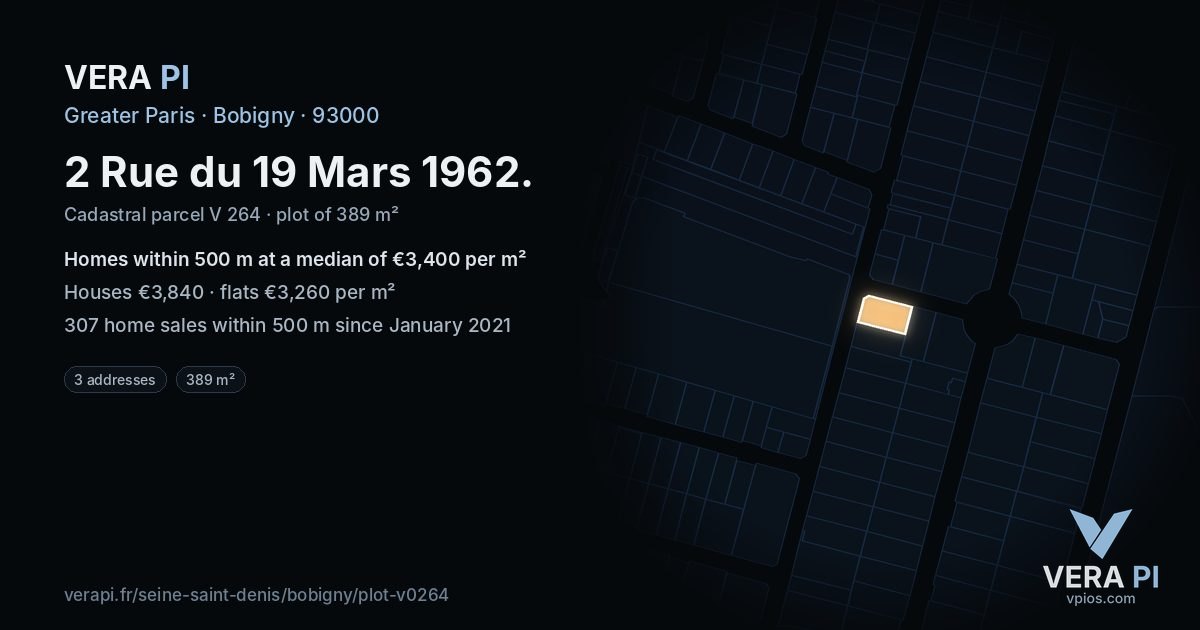 2 Rue du 19 Mars 1962, Bobigny at night – the plot lit, the parcels around coloured by the prices near them
