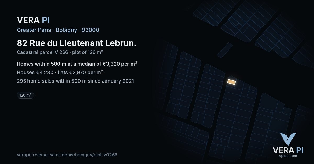 82 Rue du Lieutenant Lebrun, Bobigny at night – the plot lit, the parcels around coloured by the prices near them