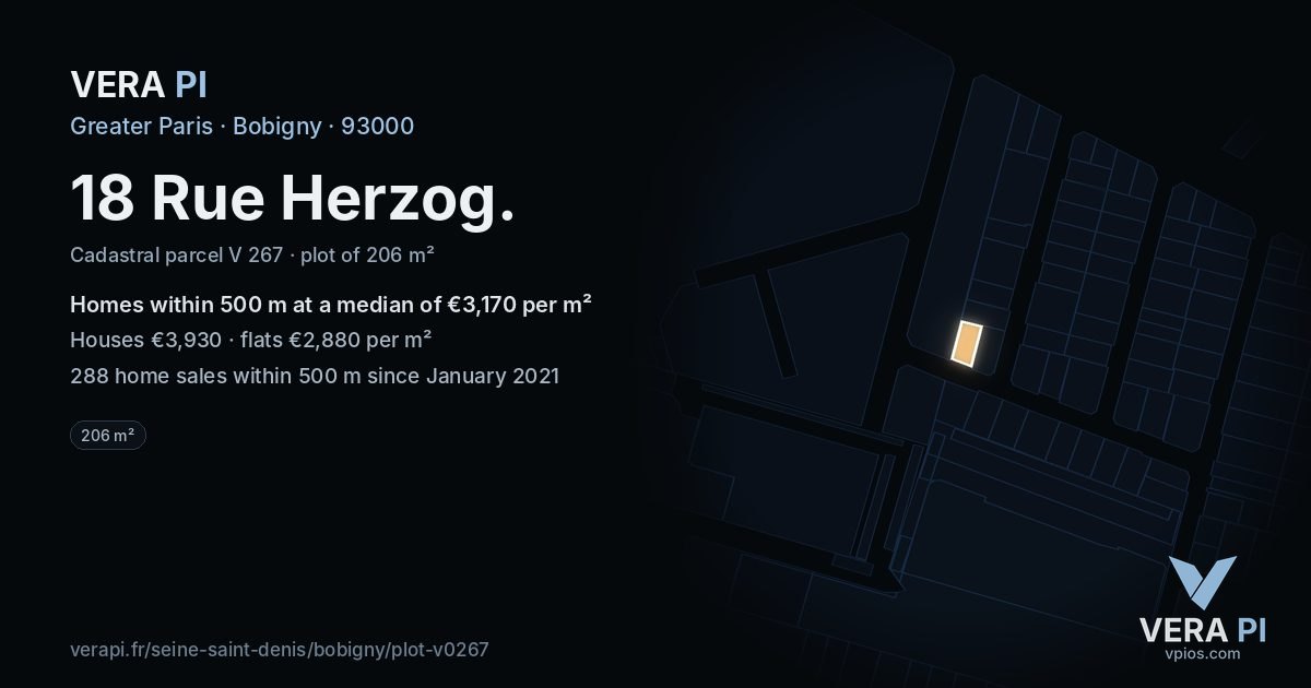 18 Rue Herzog, Bobigny at night – the plot lit, the parcels around coloured by the prices near them