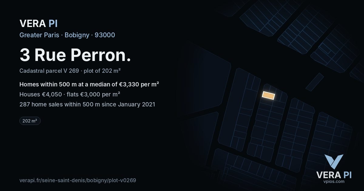 3 Rue Perron, Bobigny at night – the plot lit, the parcels around coloured by the prices near them