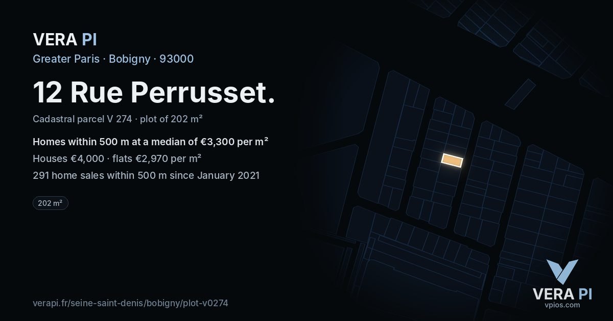 12 Rue Perrusset, Bobigny at night – the plot lit, the parcels around coloured by the prices near them