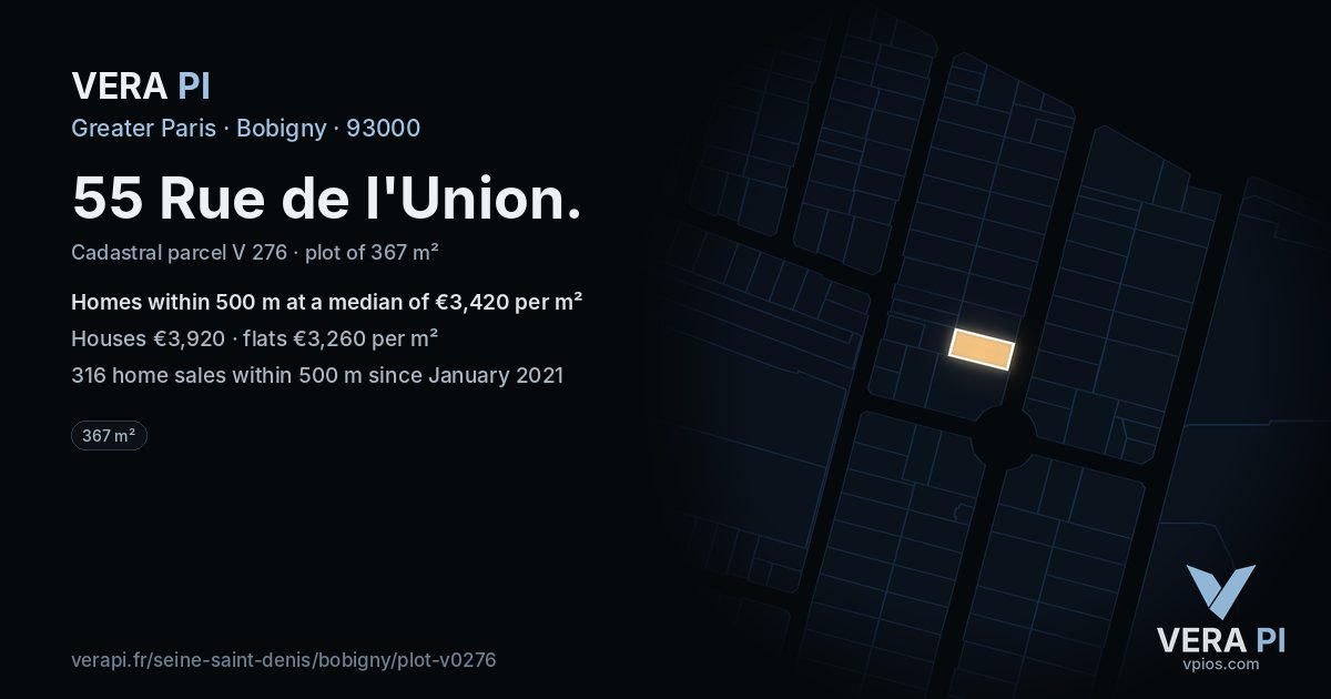 55 Rue de l'Union, Bobigny at night – the plot lit, the parcels around coloured by the prices near them