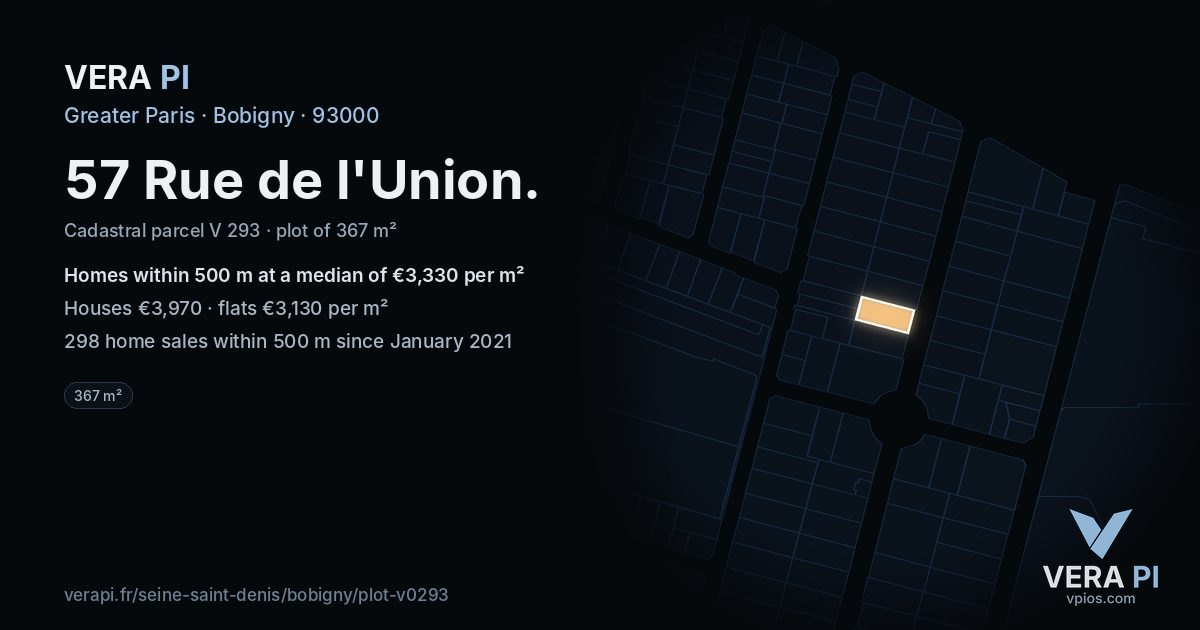 57 Rue de l'Union, Bobigny at night – the plot lit, the parcels around coloured by the prices near them