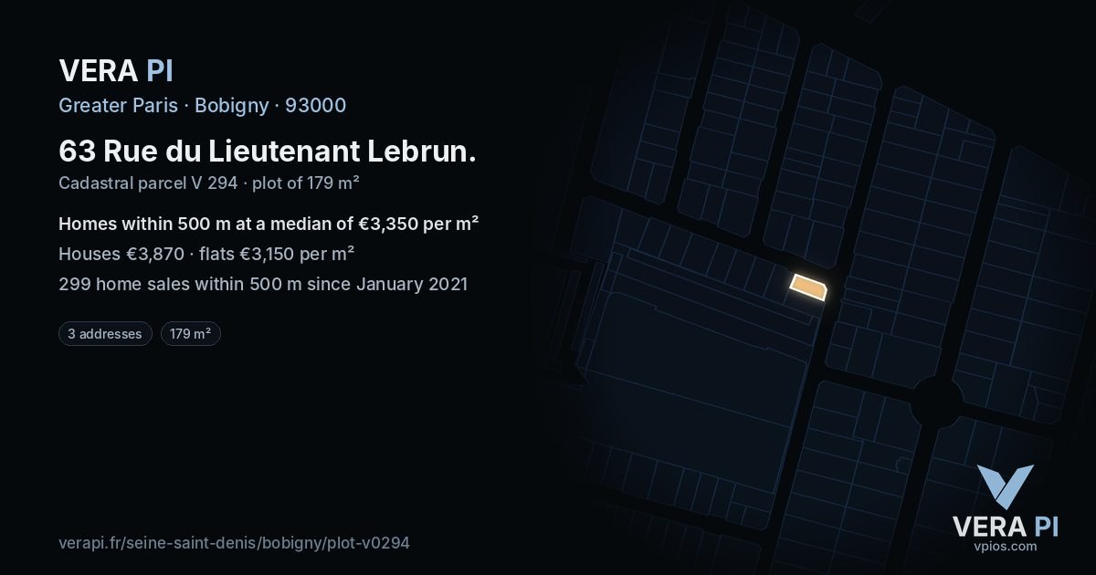 63 Rue du Lieutenant Lebrun, Bobigny at night – the plot lit, the parcels around coloured by the prices near them