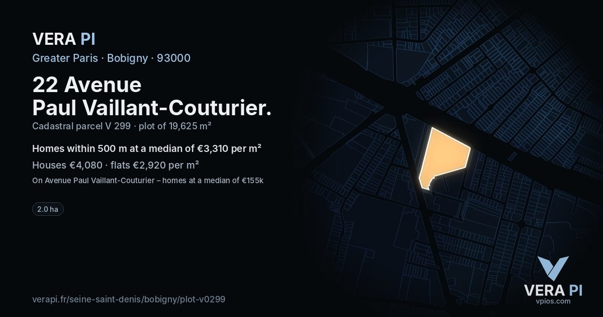 22 Avenue Paul Vaillant-Couturier, Bobigny at night – the plot lit, the parcels around coloured by the prices near them