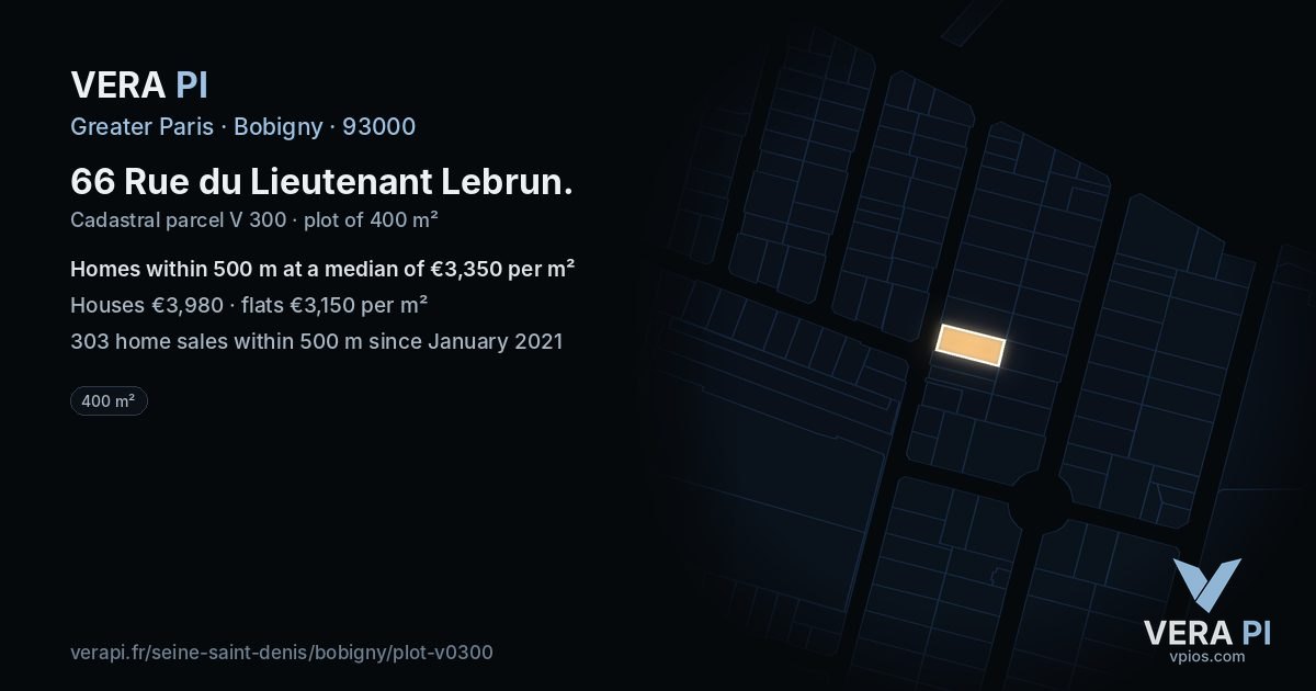 66 Rue du Lieutenant Lebrun, Bobigny at night – the plot lit, the parcels around coloured by the prices near them