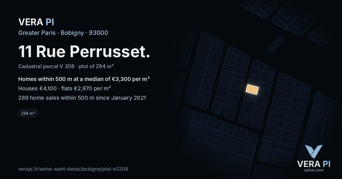 11 Rue Perrusset, Bobigny at night – the plot lit, the parcels around coloured by the prices near them